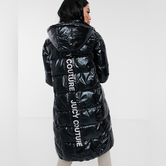 Juicy Couture longline padded jacket with logo back in shiny black - Picture 3 of 14
